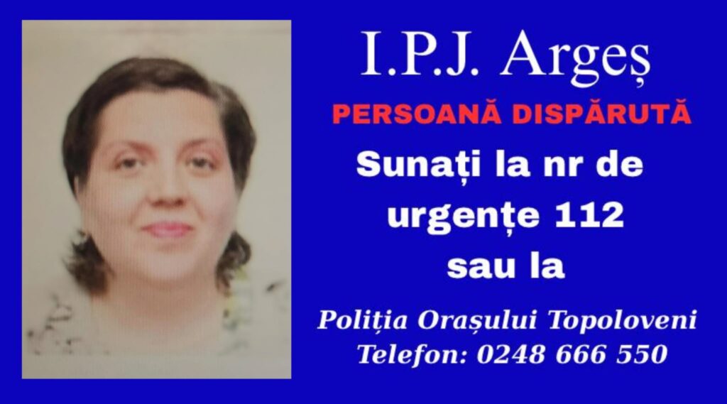 Alertă în Argeș! O femeie cu probleme medicale din Topoloveni a dispărut de acasă