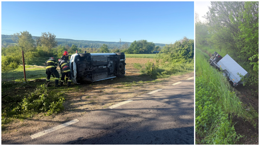 Accidente în lanț în Argeș! Un TIR a ieșit de pe șosea și o mașină s-a răsturnat