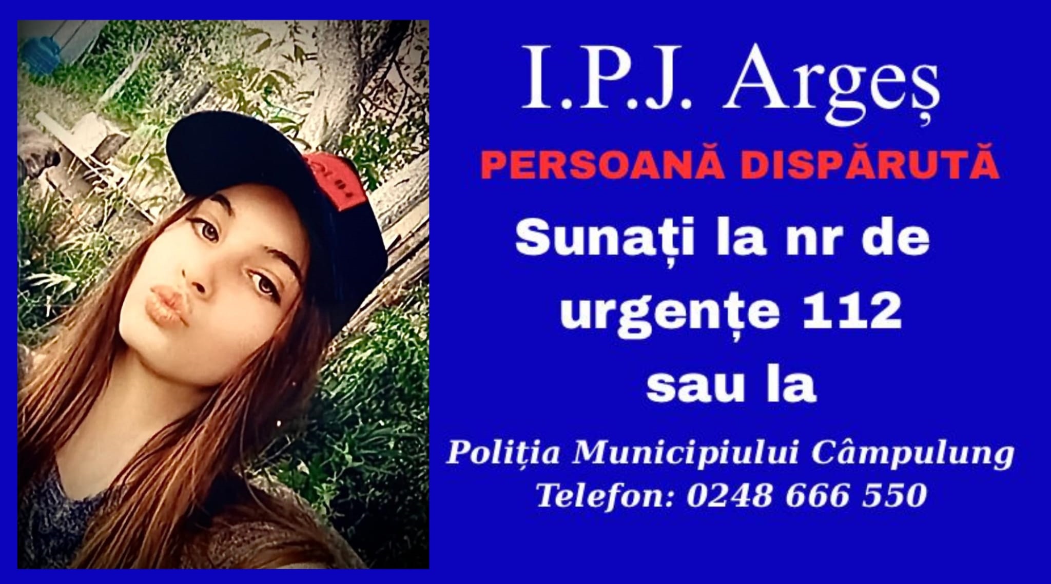 Alertă de dispariție în Câmpulung: Poliția solicită ajutorul cetățenilor pentru a o găsi pe Bianca, în vârstă de 20 de ani.