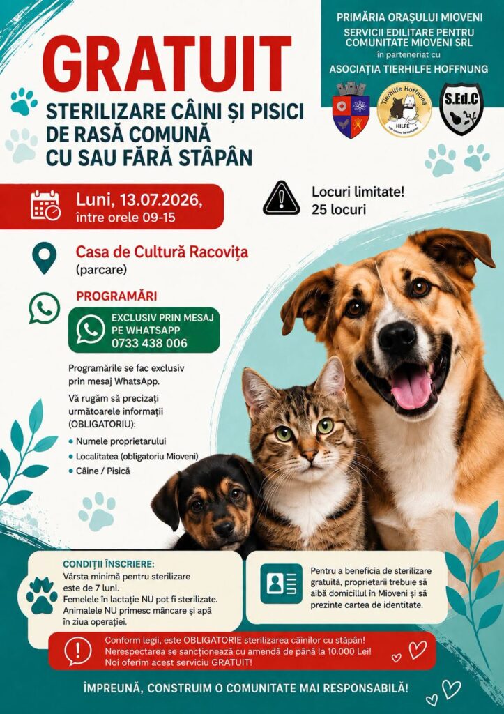 Sterilizări gratuite pentru câini și pisici la Mioveni pe 13 iulie