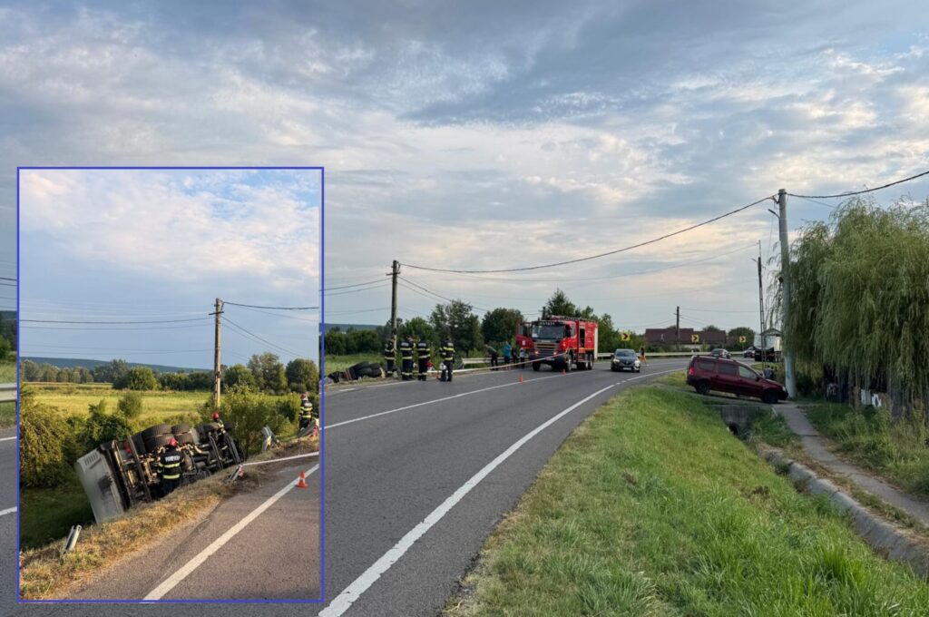 Accident pe DN73, la Clucereasa: autobasculantă răsturnată