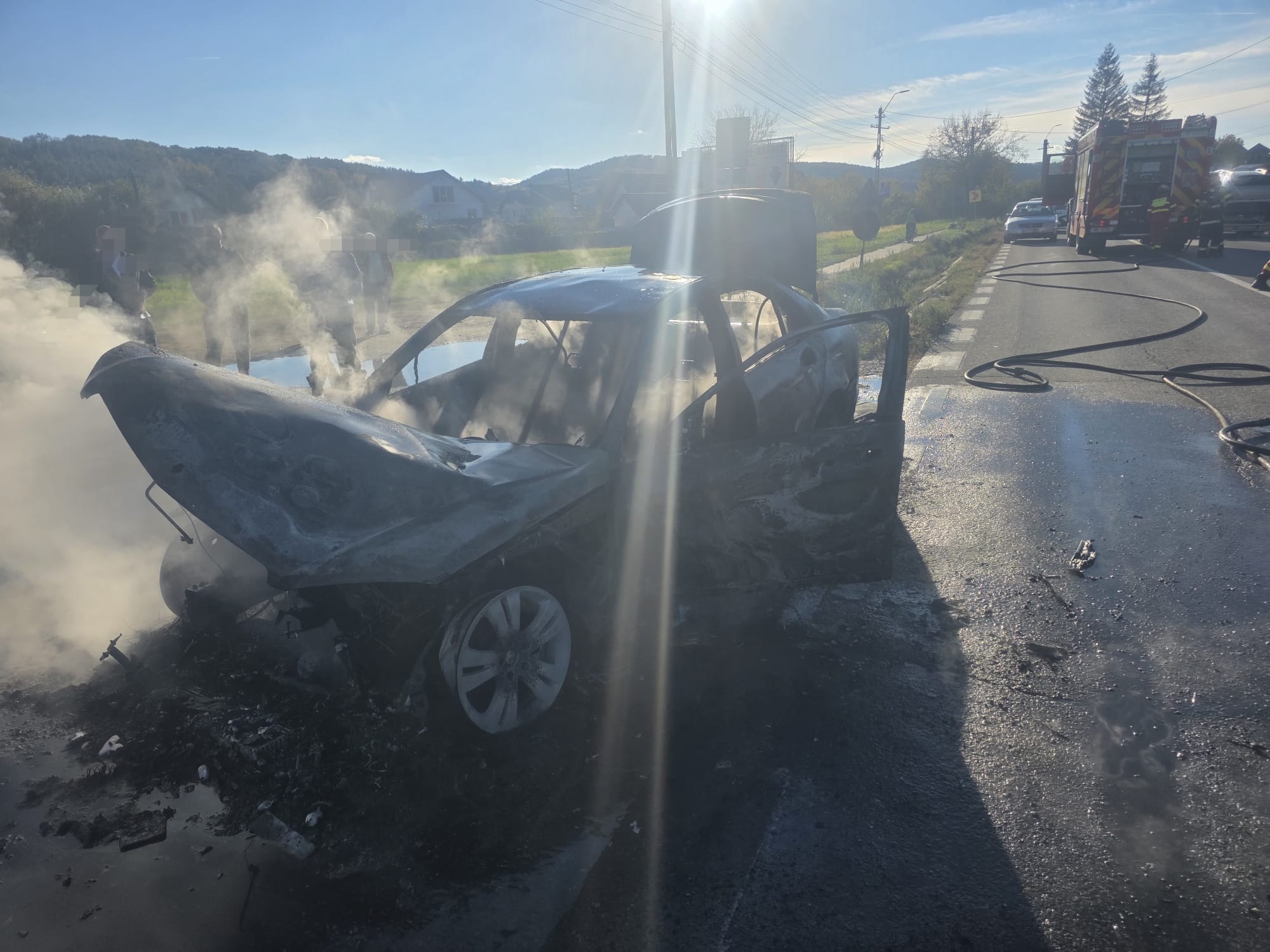 Flăcări devastatoare la Bascov: O mașină a ars complet în afara drumului, în Valea Ursului